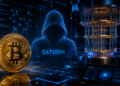 Una moneda de Bitcoin, una imagen de Satoshi Nakamoto y una computadora cuántica.