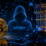 Una moneda de Bitcoin, una imagen de Satoshi Nakamoto y una computadora cuántica.