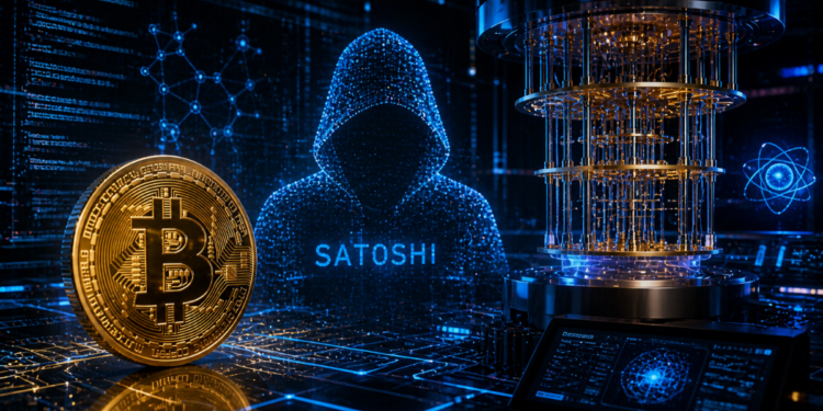 Una moneda de Bitcoin, una imagen de Satoshi Nakamoto y una computadora cuántica.