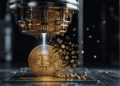 Una computadora cuántica destruyendo una moneda de BTC.