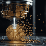 Una computadora cuántica destruyendo una moneda de BTC.