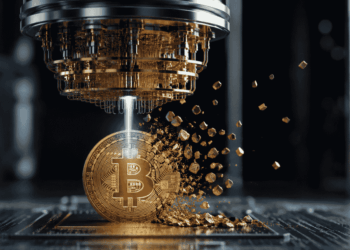 Una computadora cuántica destruyendo una moneda de BTC.