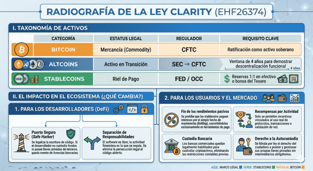 Infografía detallada sobre la Ley CLARITY que clasifica a Bitcoin como mercancía (CFTC), a las altcoins como activos en transición y a las stablecoins como rieles de pago regulados por la FED.