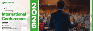 Banner de Research Era que anuncia conferencias internacionales para 2026 con un orador en escena.