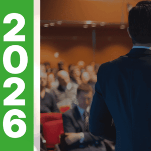 Banner de Research Era que anuncia conferencias internacionales para 2026 con un orador en escena.