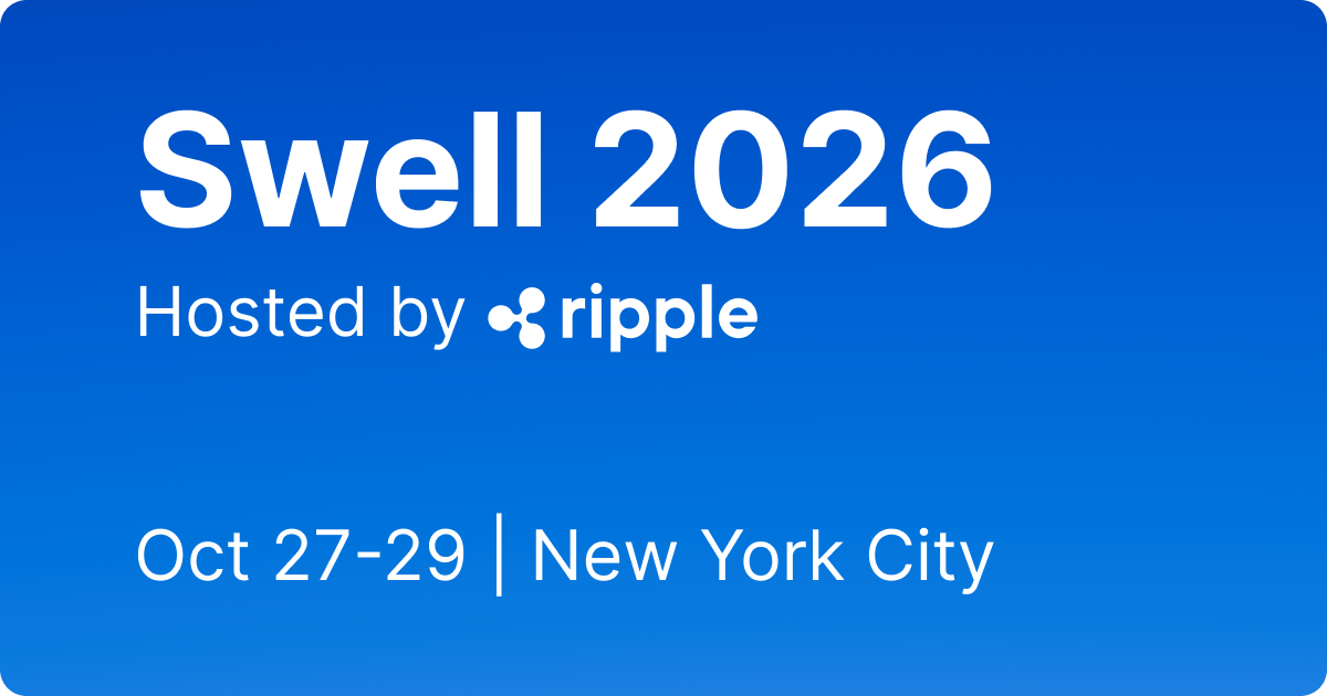 Banner del evento "Swell 2026" organizado por Ripple en Nueva York sobre fondo azul.