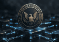 logo de la SEC encima de una red de criptomonedas.
