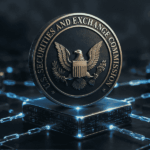 logo de la SEC encima de una red de criptomonedas.