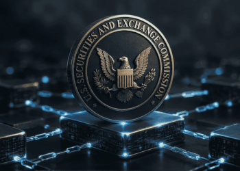 logo de la SEC encima de una red de criptomonedas.