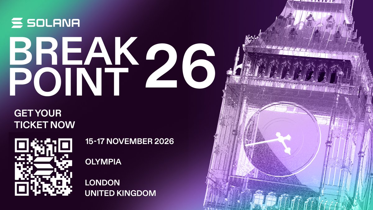Anuncio promocional para Solana Breakpoint 26 en Londres, noviembre de 2026, con código QR.