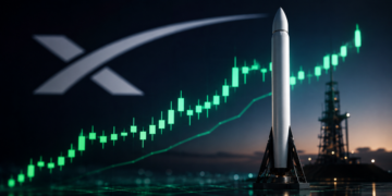 Logo de SpaceX con un cohete y velas en verde.