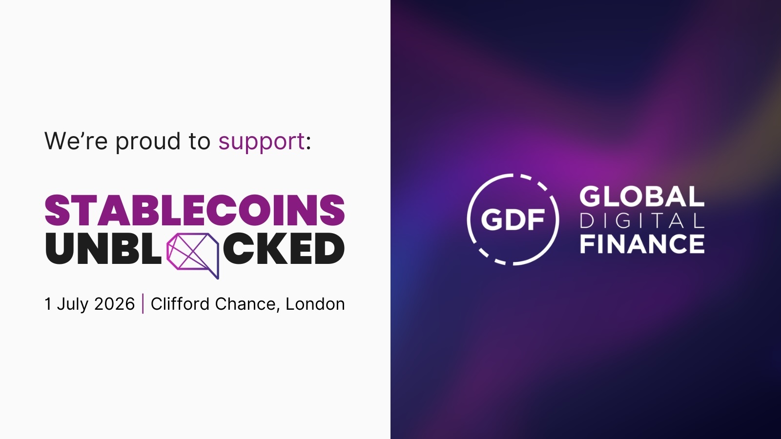 Anuncio de Stablecoins Unblocked apoyado por Global Digital Finance, 1 de julio, Londres.