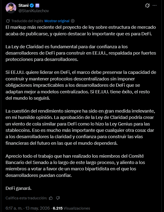 Captura de pantalla de una publicación en X (antes Twitter) de Stani Kulechov, fundador de Aave, donde expresa su apoyo a la Ley Clarity en EE. UU. y analiza su impacto positivo para el ecosistema de las finanzas descentralizadas (DeFi).