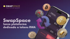 Promocional de SwapSpace, promocionando el lanzamiento de su hub de tokens RWA, fondo en degradee morado oscuro a azul, a la derecha un celular con una captura del exchange desenfocada, tokens RWA flotando delante y un simbolo de intercambio de 2 flechas en círculo