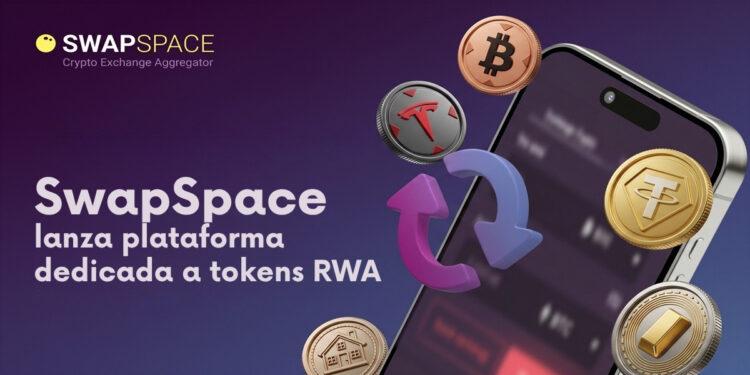 Promocional de SwapSpace, promocionando el lanzamiento de su hub de tokens RWA, fondo en degradee morado oscuro a azul, a la derecha un celular con una captura del exchange desenfocada, tokens RWA flotando delante y un simbolo de intercambio de 2 flechas en círculo