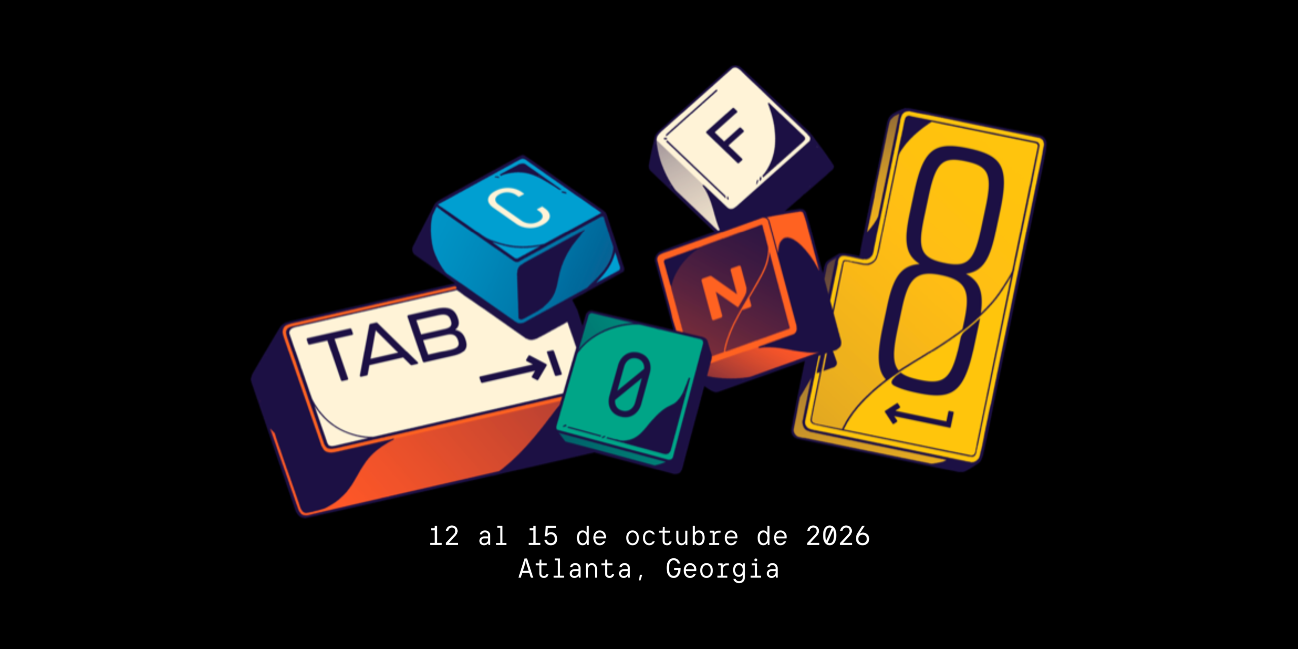 Banner de TABconf 8, 12-15 de octubre de 2026, en Atlanta, Georgia, con teclas mecánicas.