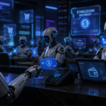 Robots de IA usando tarjetas para efectuar pagos con stablecoins.