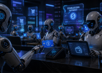 Robots de IA usando tarjetas para efectuar pagos con stablecoins.