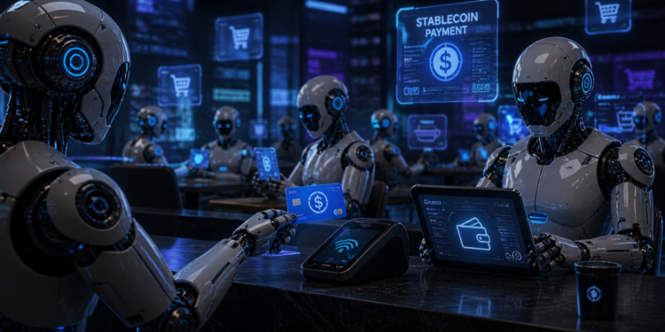 Robots de IA usando tarjetas para efectuar pagos con stablecoins.