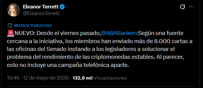 Captura de pantalla de un tuit de Eleanor Terrett de FOX Business, con fecha 12 de mayo de 2026 en el que informa sobre la intensa ofensiva de ABA para frenar la Ley Clarity.