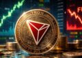 Moneda física de tron frente a gráficos bursátiles alcistas y señales de FUD en un entorno financiero digital.