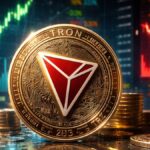 Moneda física de tron frente a gráficos bursátiles alcistas y señales de FUD en un entorno financiero digital.