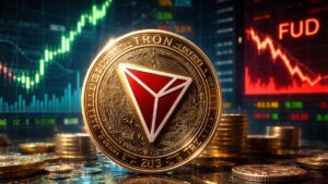 Moneda física de tron frente a gráficos bursátiles alcistas y señales de FUD en un entorno financiero digital.