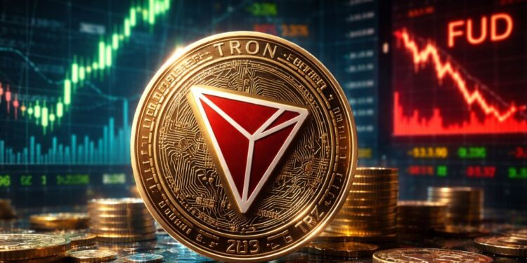 Moneda física de tron frente a gráficos bursátiles alcistas y señales de FUD en un entorno financiero digital.