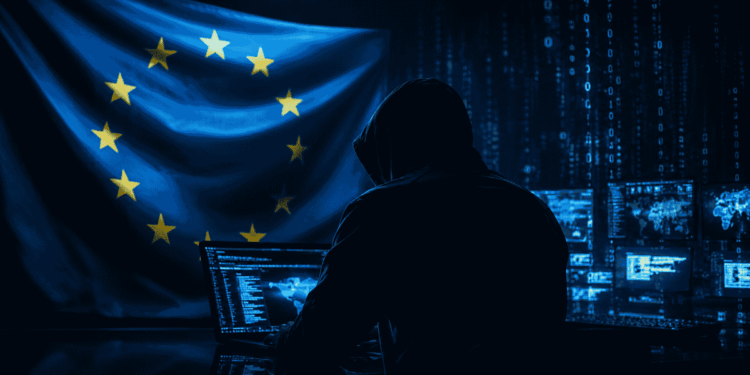 Bandera de la UE con un hacker.
