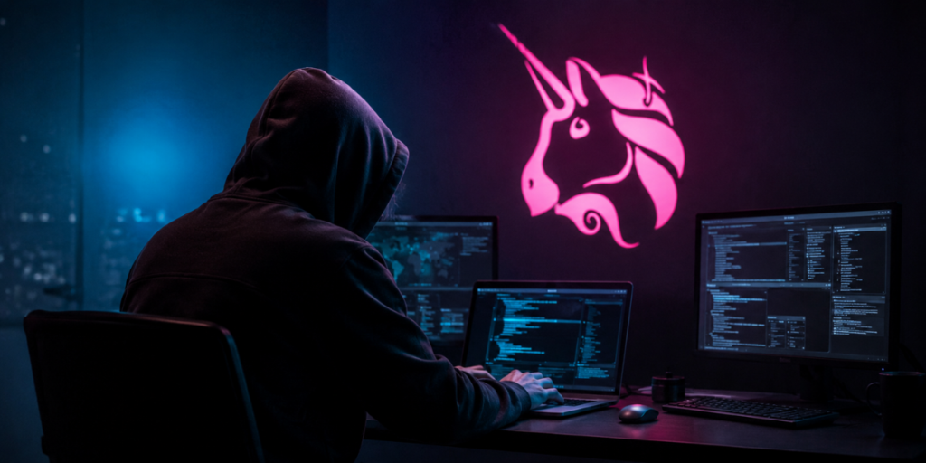 Un hacker junto al logo de Uniswap.