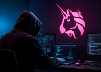 Un hacker junto al logo de Uniswap.