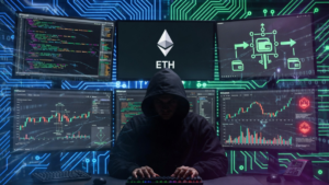 Una persona operando con sistemas digitales para hackear un puente de la red Ethereum.