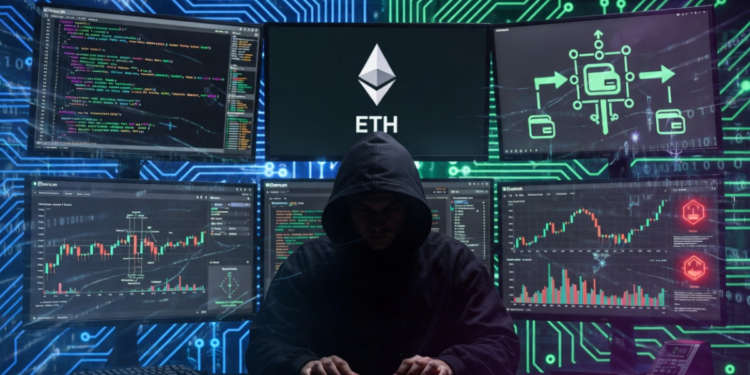 Una persona operando con sistemas digitales para hackear un puente de la red Ethereum.