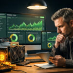 Hombre pensando, mirando una tablet. en las pantallas detrás se ven precios de Bitcoin y comparaciones de pools de minería, Delante equipos de minería y monedas de Bitcoin