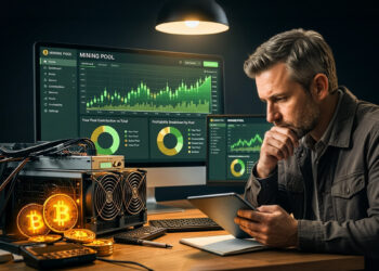 Hombre pensando, mirando una tablet. en las pantallas detrás se ven precios de Bitcoin y comparaciones de pools de minería, Delante equipos de minería y monedas de Bitcoin