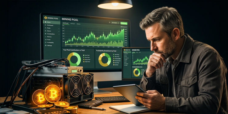 Hombre pensando, mirando una tablet. en las pantallas detrás se ven precios de Bitcoin y comparaciones de pools de minería, Delante equipos de minería y monedas de Bitcoin
