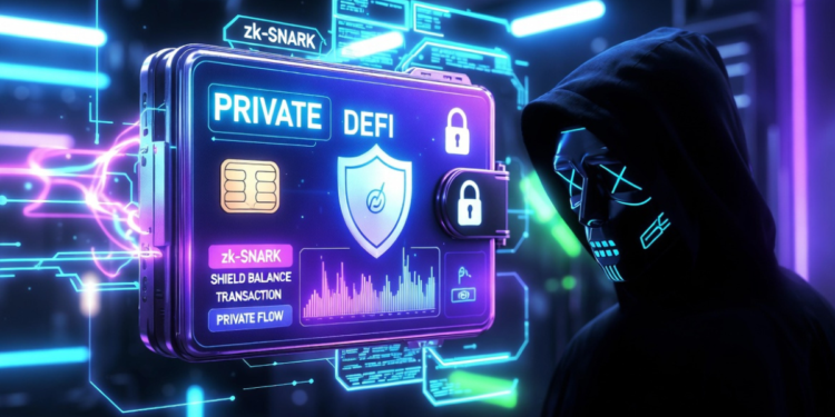 Una wallet de criptomonedas enviando una transacción privada en DeFi.