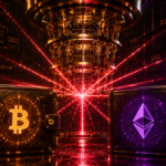 Una computadora cuántica junto a dos wallets, una de BTC y una de ETH.