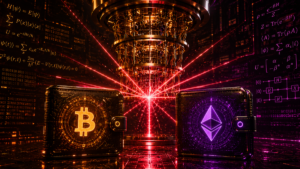 Una computadora cuรกntica junto a dos wallets, una de BTC y una de ETH.