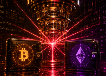 Una computadora cuántica junto a dos wallets, una de BTC y una de ETH.