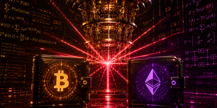 Una computadora cuántica junto a dos wallets, una de BTC y una de ETH.
