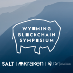 Banner promocional del Wyoming Blockchain Symposium, con apoyo de SALT, Kraken y la Universidad de Wyoming.