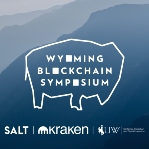 Banner promocional del Wyoming Blockchain Symposium, con apoyo de SALT, Kraken y la Universidad de Wyoming.