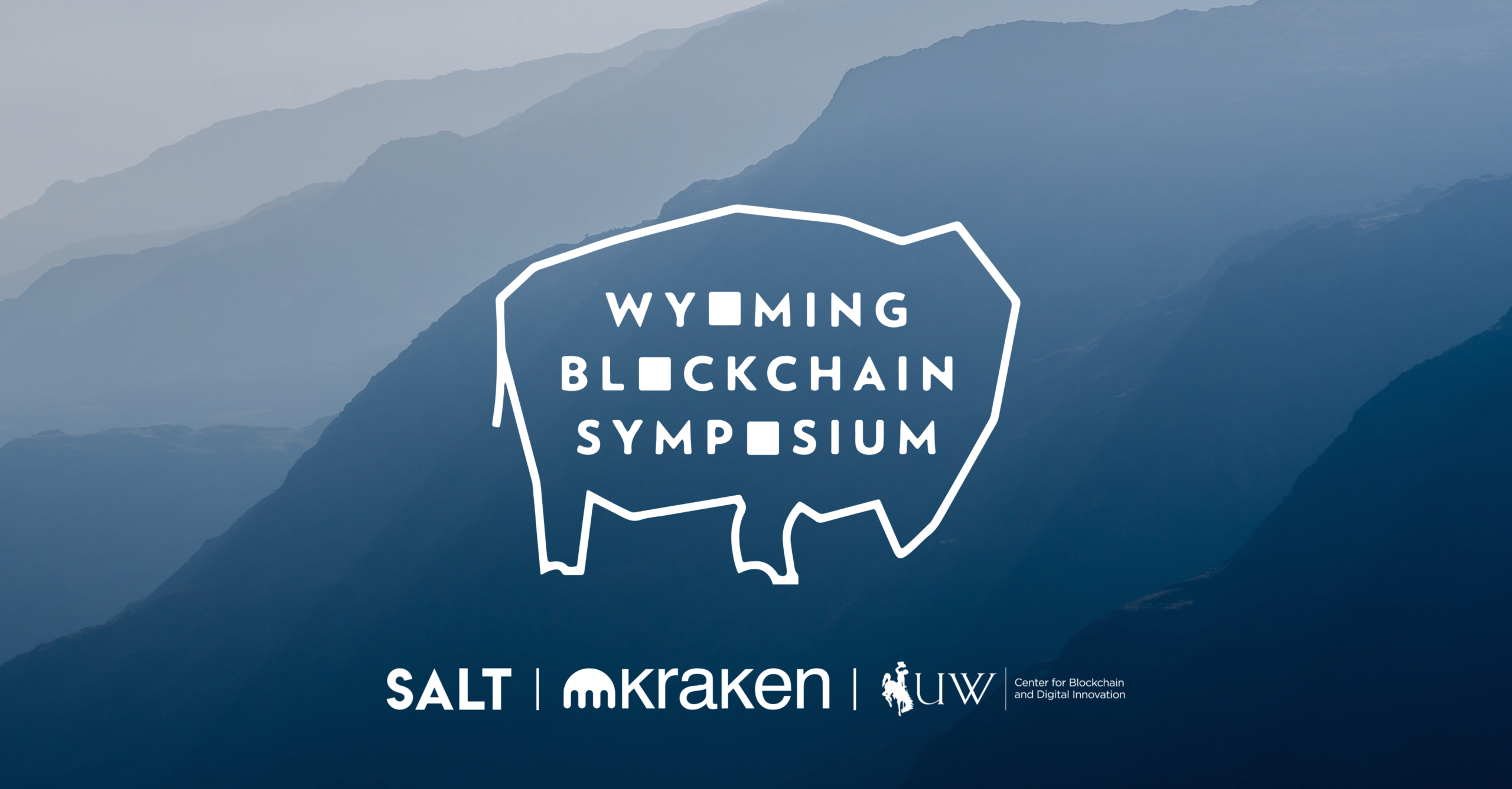 Banner promocional del Wyoming Blockchain Symposium, con apoyo de SALT, Kraken y la Universidad de Wyoming.