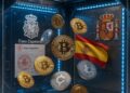 Monedas de bitcoin litecoin y otros activos flotan al fondo se observa una bandera de España su escudo y un dictamen judicial