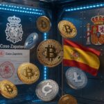Monedas de bitcoin litecoin y otros activos flotan al fondo se observa una bandera de España su escudo y un dictamen judicial