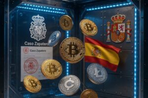 Monedas de bitcoin litecoin y otros activos flotan al fondo se observa una bandera de España su escudo y un dictamen judicial