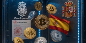 Monedas de bitcoin litecoin y otros activos flotan al fondo se observa una bandera de España su escudo y un dictamen judicial