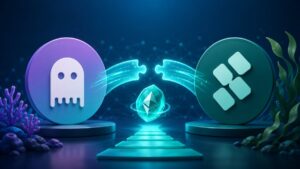 Una moneda física con el logo de Aave junto a una de ether y Kelp DAO.