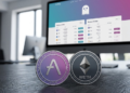 En primer plano: monedas de AAVE y wETH. En el fondo, un monitor de computadora con la página principal de Aave.